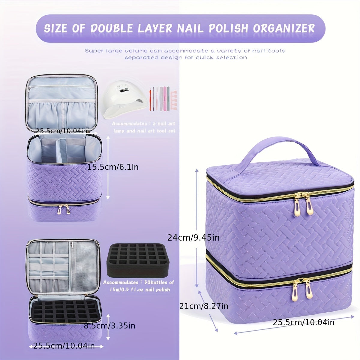 Quilted nail polish organizer bag, double layer, holds 30 bottles, waterproof nylon in multiple colors.