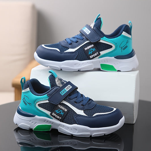 Breathable quick-dry athletic sneakers in blue and turquoise with fashion sport design for boys and girls. Features hook-and-loop fastener strap, non-slip EVA sole, and mesh upper for