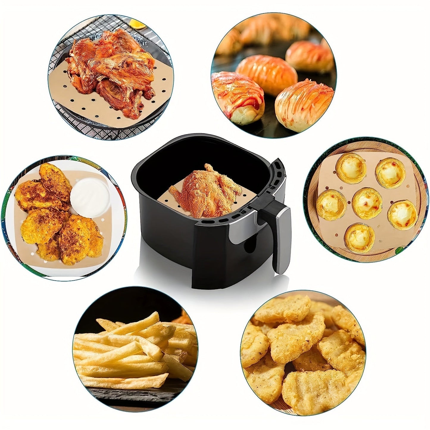 Get a pack of 50 or 100 disposable air fryer liners with holes, available in two sizes (16.99cm and 19.0cm). These air fryer parchment papers are perfect for your oven accessories, baking tools, kitchen gadgets, and other home kitchen items.