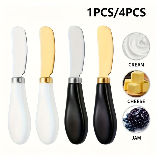 Stainless steel cheese knife set with ceramic handles for spreading butter, jam, cream, and cutting bread or cake.