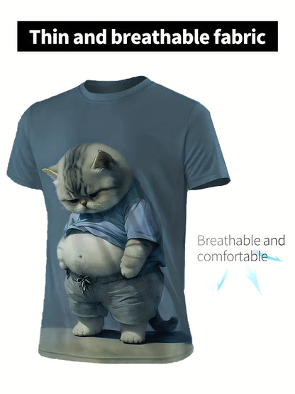 Men'S 3D Cartoon Cat Print T-Shirt, Regular fit tee made of 90% Polyester and 10% Spandex with crew neckline and slight stretch for daily wear & outdoor activities.