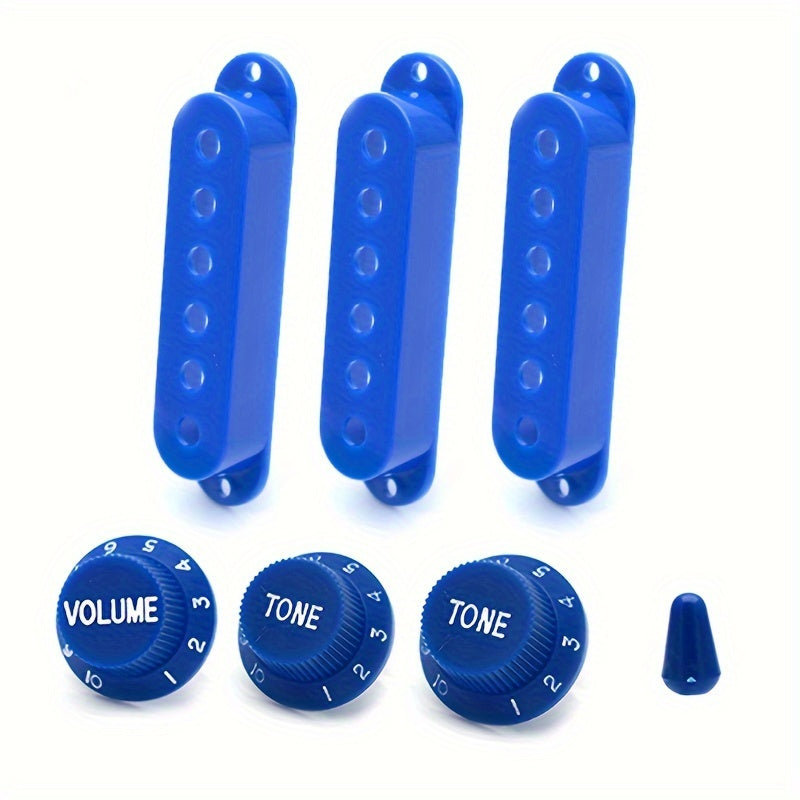 Set of 3 uncharged plastic electric guitar pickup covers with volume & tone knobs and switch cap. Fits 48/50/52mm single coil pickups.