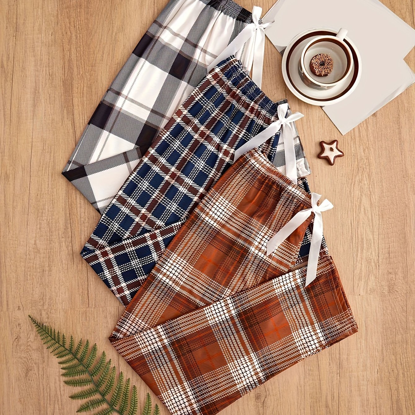 3-piece set of plaid sleep bottoms, cozy and casual home sleep pants for women's loungewear.