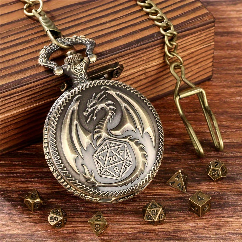 Vintage Dragon Alloy Pocket Watch with Chain and 7-Piece Dice Set - Perfect for Role-Playing Games