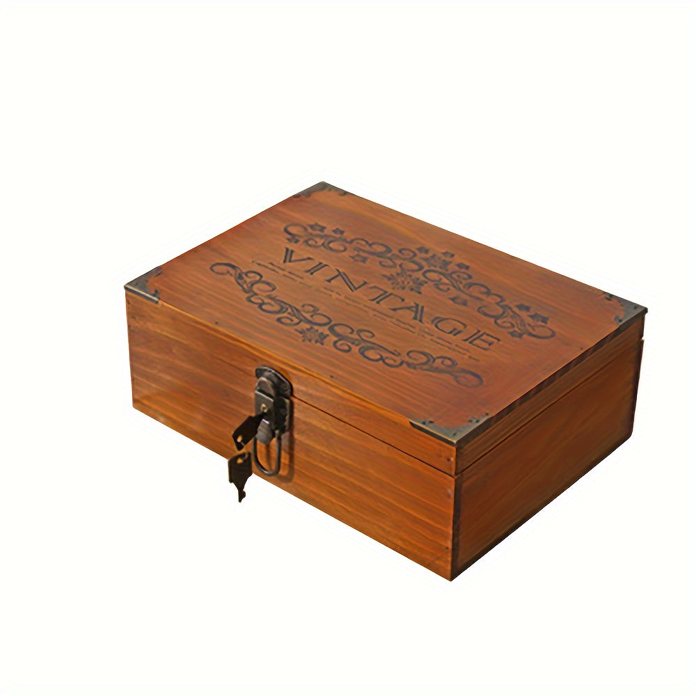 Handcrafted wooden storage box with lock for desk organization, not waterproof, suitable for cosmetics, sundries, and documents.