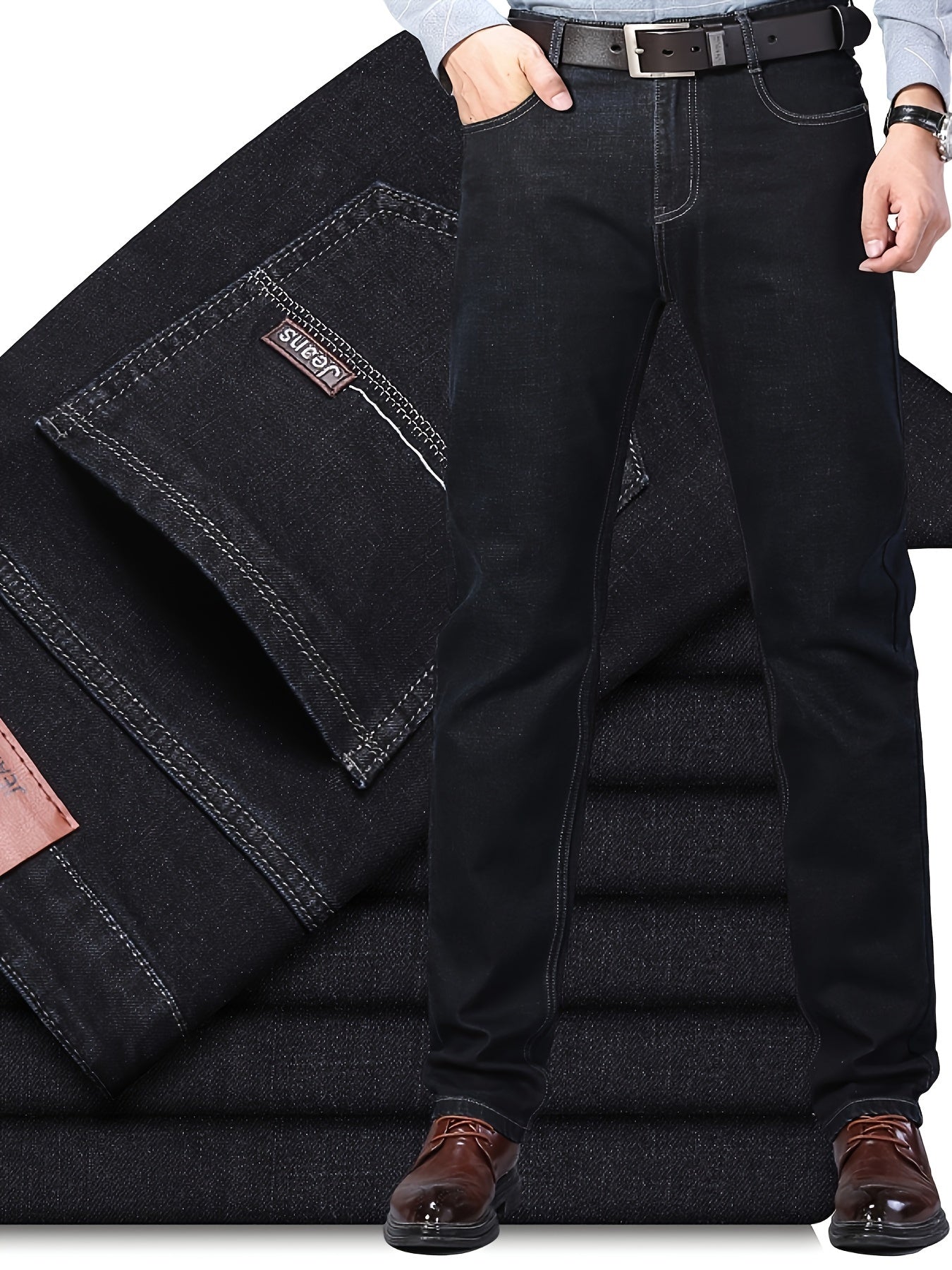 Straight leg denim jeans with classic design, slightly stretchy for versatility in business and leisure wear.