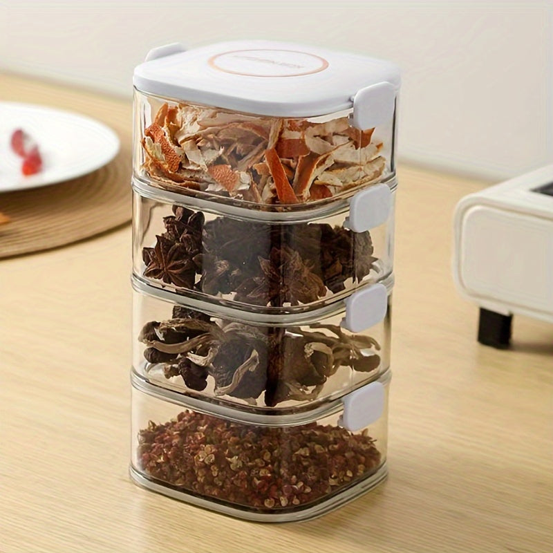 Set of stackable airtight containers with lids made of PET material, BPA-free and safe for storing food. Organize your kitchen with these removable seasoning boxes for spices, herbs, and condiments. Versatile containers for multiple uses.