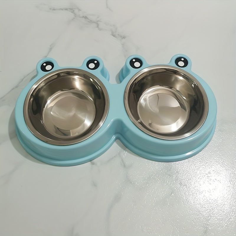 Stainless steel double bowl for small dogs and cats with pet frog design.