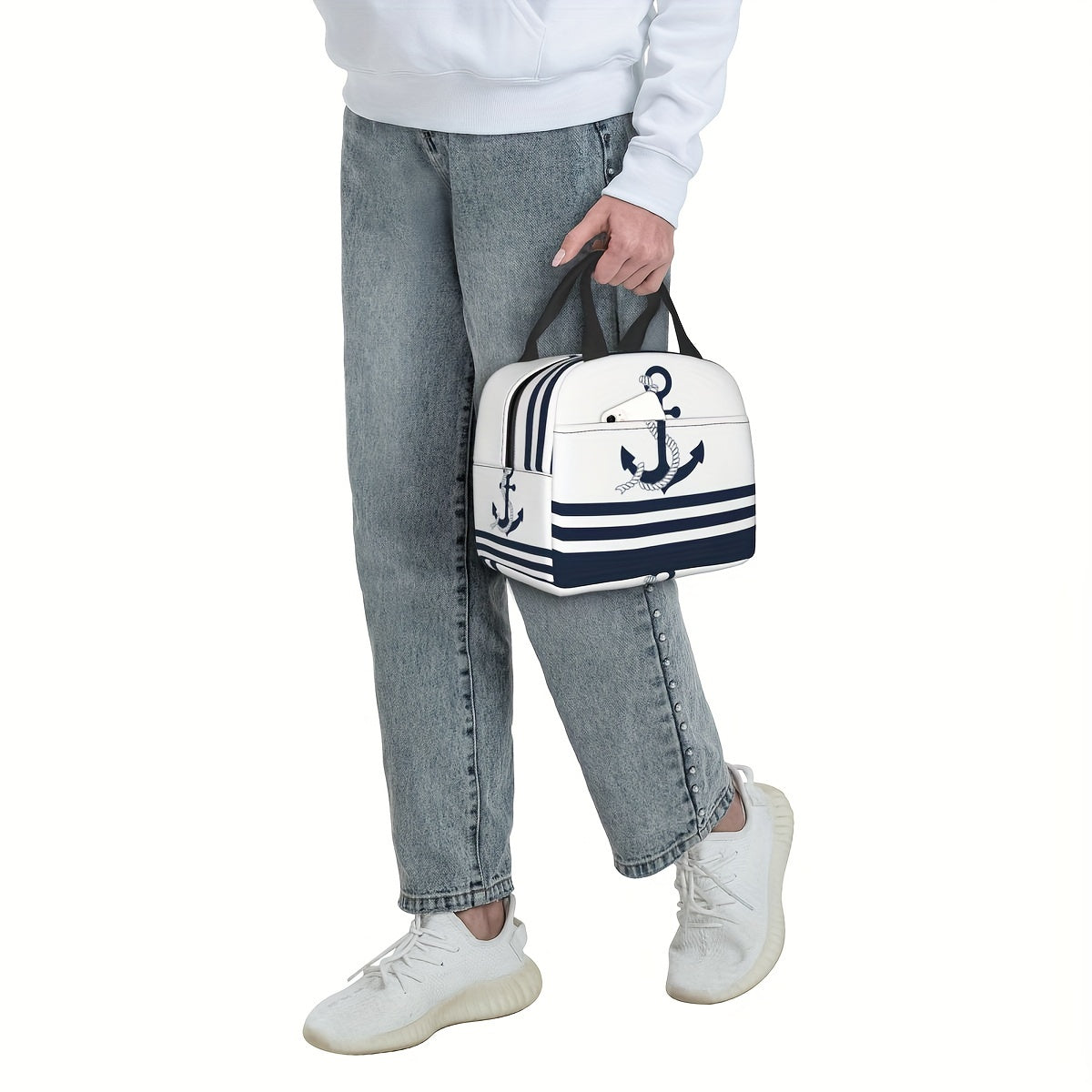 Stay stylish and organized with our Nautical Blue Anchors Insulated Lunch Bag. This durable and waterproof Oxford cooler tote features classic blue and white stripes, making it perfect for back-to-school or outdoor picnics. With a large capacity, this