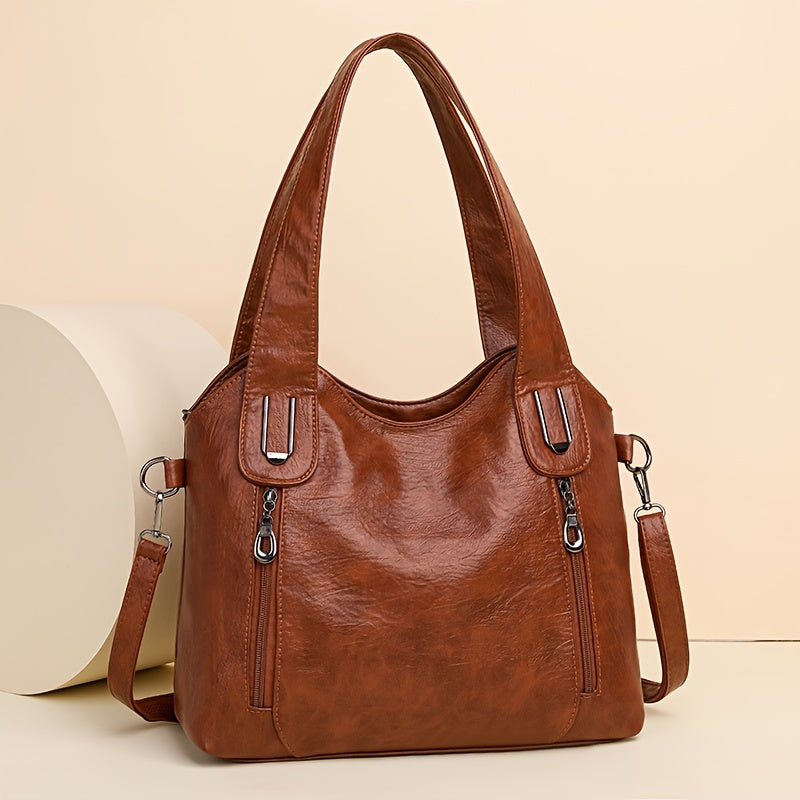 LYTING Women’s Light Brown Tote Bag with Detachable Strap, Zip Closure, Multiple Compartments for Everyday Use, Versatile and Stylish.