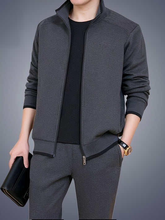 Men's stylish sports outfit sets featuring stand collar zip-up jackets and elastic waist sweatpants, perfect for outdoor casual wear during spring and autumn seasons.