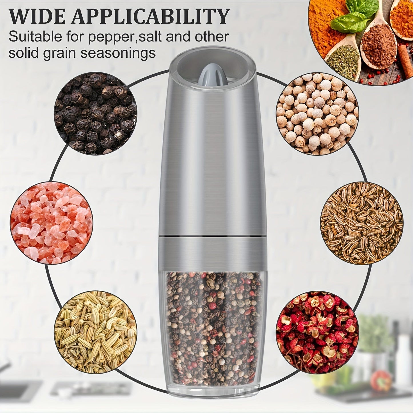 Electric Salt and Pepper Grinder Set with Adjustable Coarseness, Battery Operated, LED Light, One-hand Operation, Stainless Steel - Available in Multiple Colors.