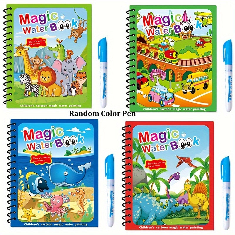 4pcs Kids' Magic Water Books with Pens - Reusable sketchbooks for early learning & fun, colorful illustrations for youngsters & preschoolers, water toys