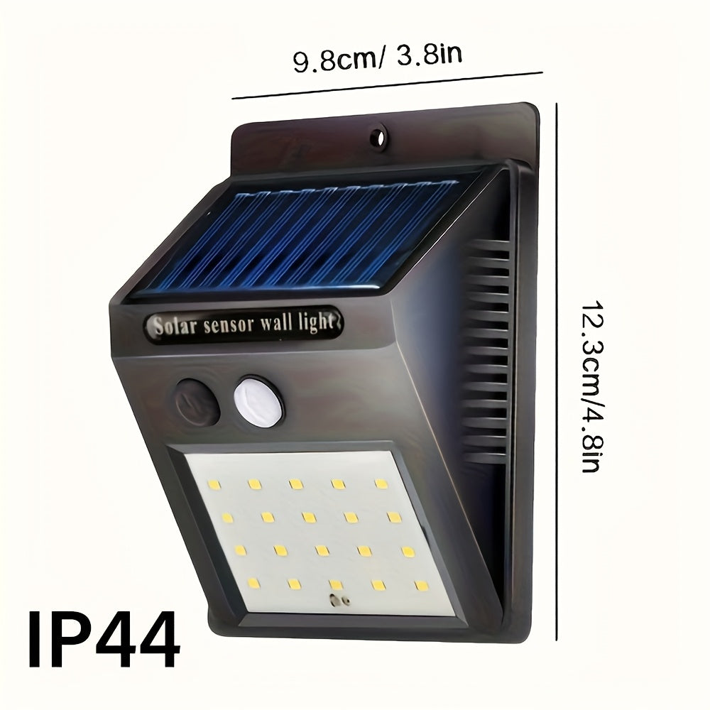 Solar wall light with motion sensor, 3 lighting modes, auto dark activation, rechargeable battery, ideal for outdoor areas.