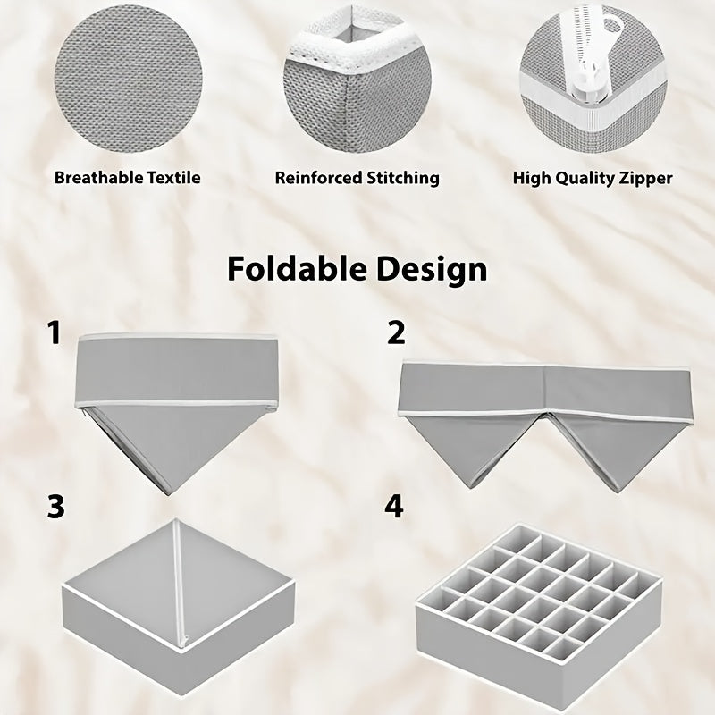 Set of 4 foldable storage boxes for organizing socks, bras, underwear, ties, belts, and scarves in closet drawers.