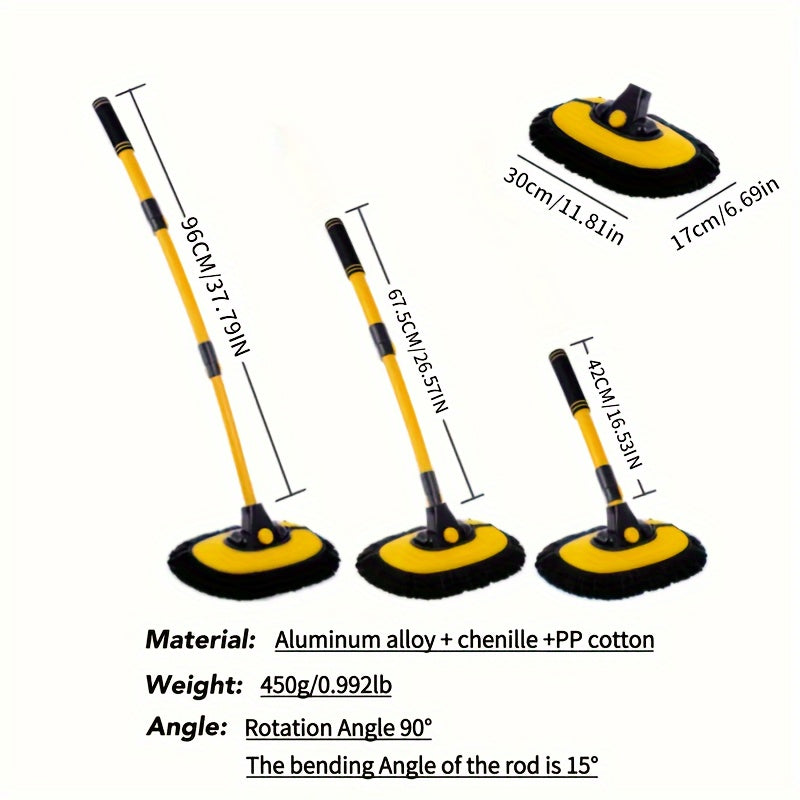 Telescopic car wash mop with adjustable angle head, durable aluminum alloy handle, soft chenille microfiber bristles for enhanced cleaning, easy-grip long handle, lightweight design.