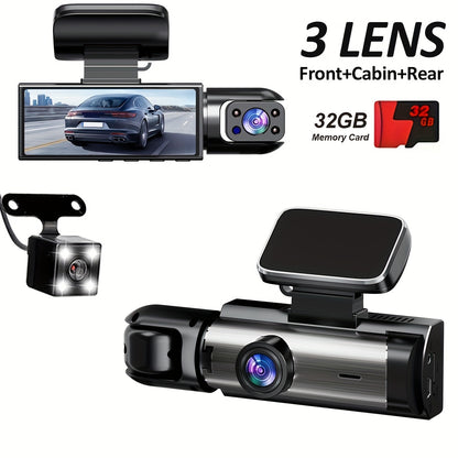 ZKCAMSPY 1080P Full HD 3-Channel Dash Cam with Front 1080P, Rear & Interior Cameras 720P - LED Display, Button Control, 32GB Memory Card Included, Easy Installation - Dash Camera for Cars.