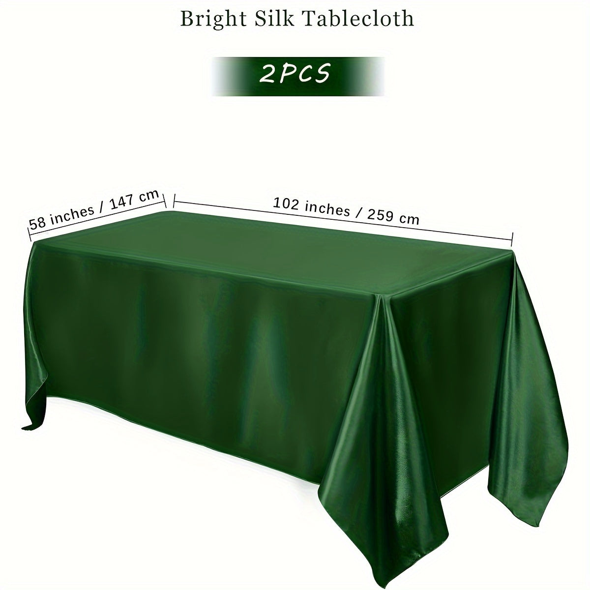 Luxurious satin tablecloths in a 2-pack. Ideal for Christmas, parties, banquets, and weddings. Solid color, 259.08x147.32 cm rectangular polyester table covers. Machine woven.