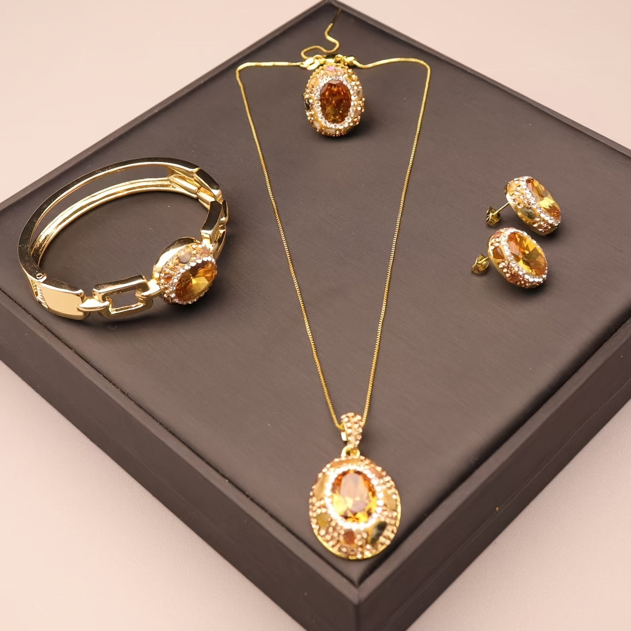 Vintage Tribal Style 18K Golden Plated Jewelry Set for Women, Made with Copper Alloy and Natural Stone - Includes Necklace, Earrings, Bracelet, and Ring. Handcrafted and Elegant, Perfect Gift for Ramadan and All-Season Wear.