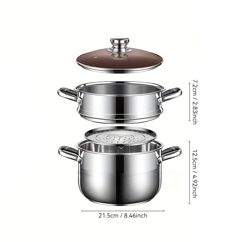 Stainless Steel Steamer Pot with Lid, 1 Piece, Semi-Sand Bright Finish, Includes Steam Grid, Easy to Clean and Durable, Compatible with Induction & Gas Stoves, Ideal for Cooking, Frying, and Hot Pot - Essential Kitchen Cookware