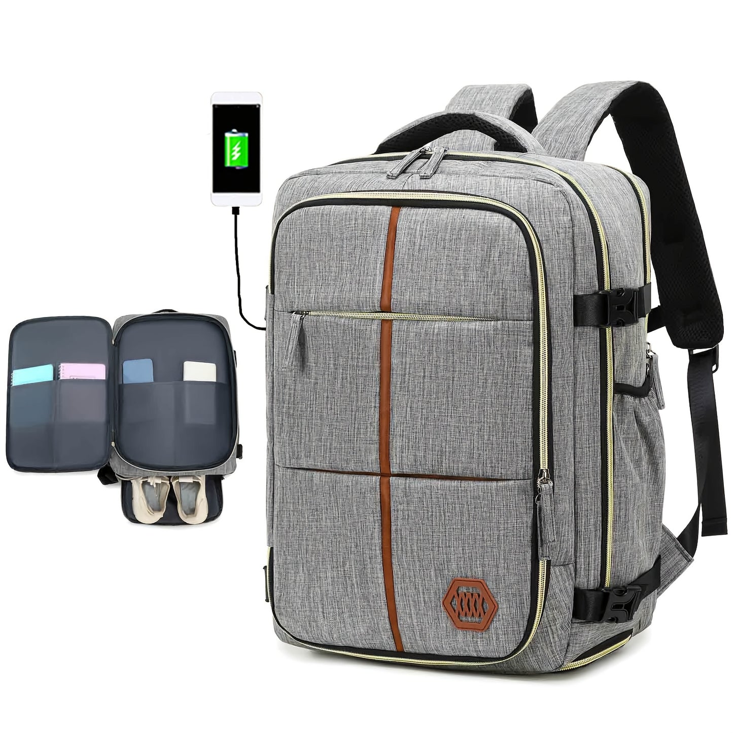 Stylish white and black travel backpack with shoe compartment, USB charging port, and durability for outdoor and school use.