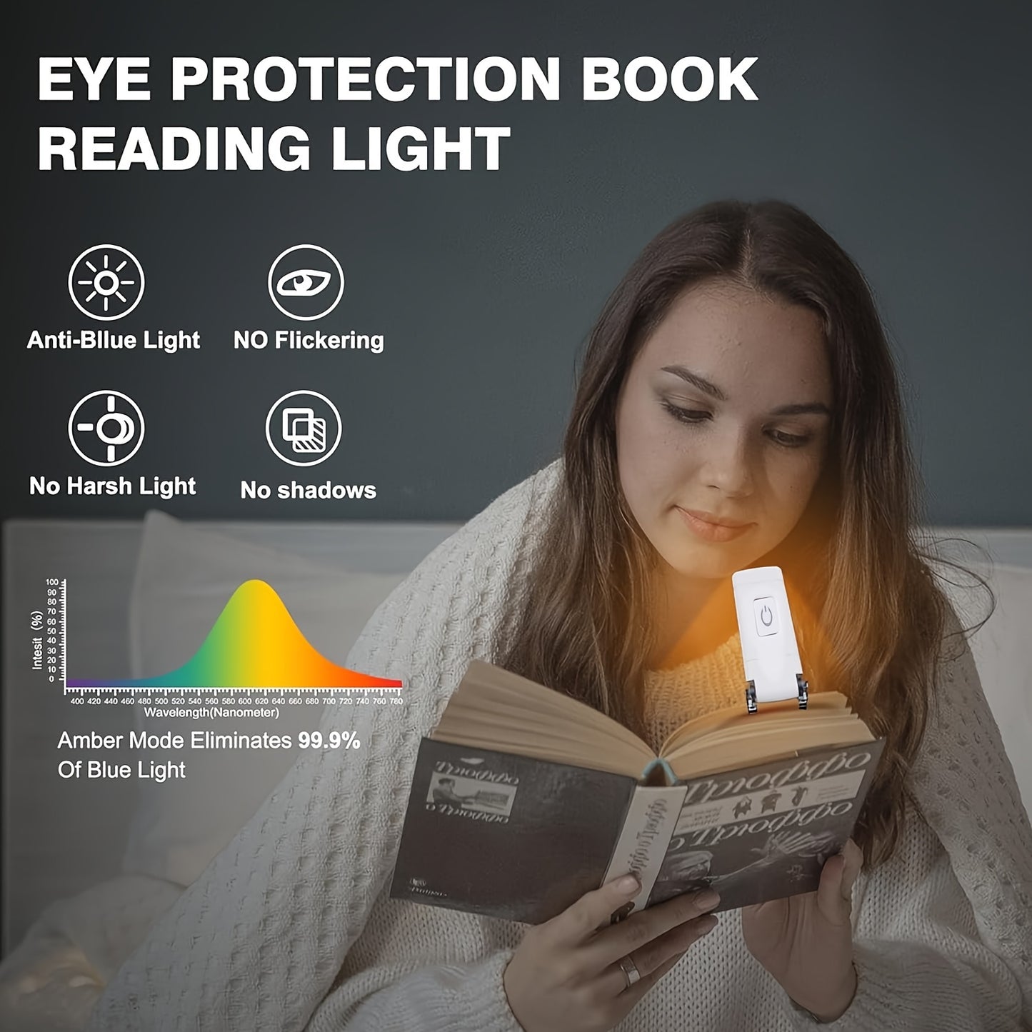 USB rechargeable reading light with eye protection, adjustable brightness levels, clip-on book lamp, ideal for night readers.