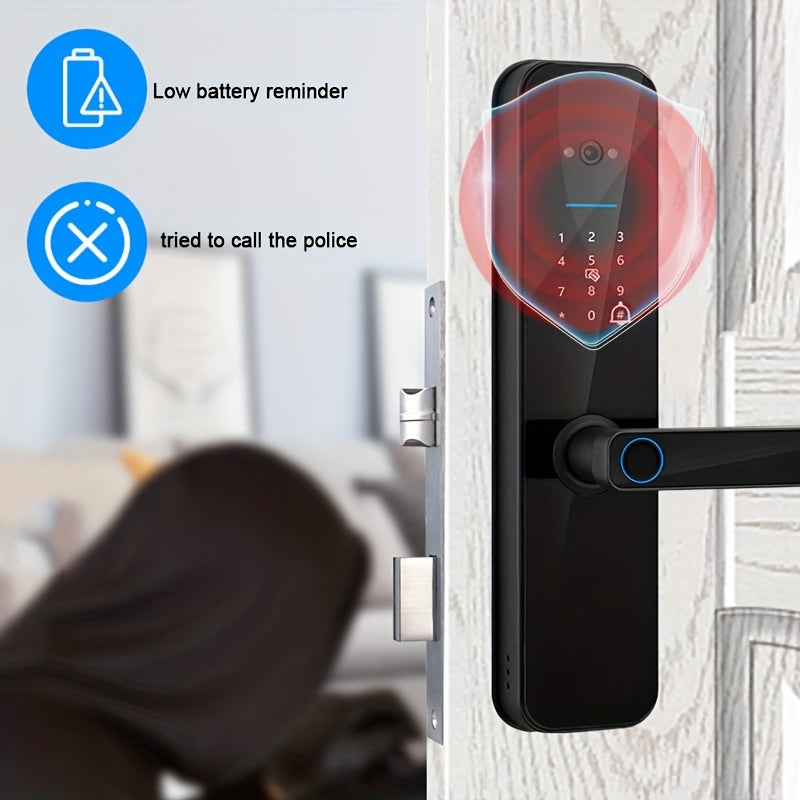 Smart door lock with biometric camera, fingerprint, smart card, password, and key unlock.