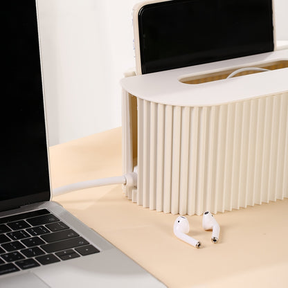 Stylish cord organizer box with lid to hide power strips and cables, ideal for desktop organization.