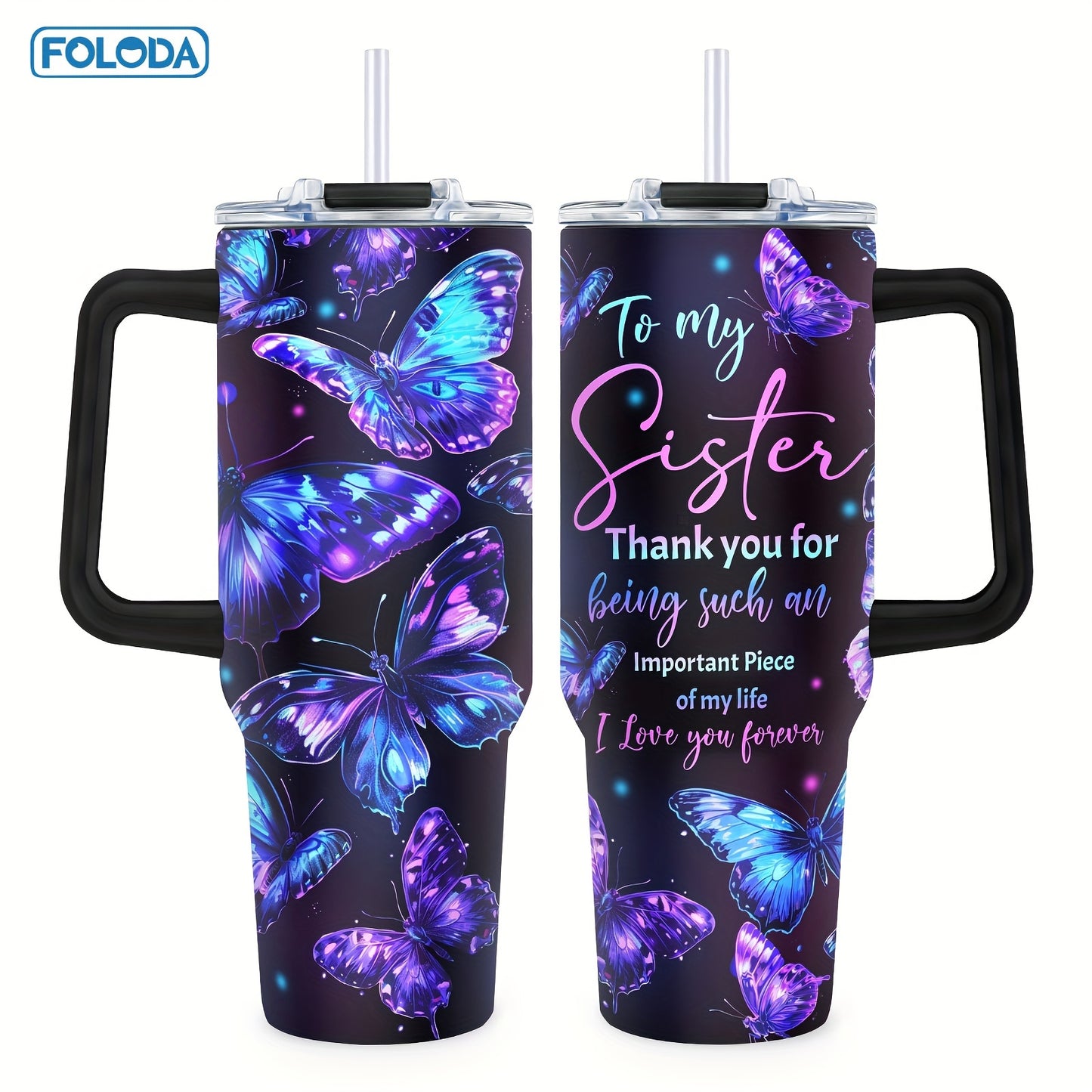 FOLODA 40oz stainless steel tumbler with butterfly design, straw included. Ideal gift for sisters for various occasions. Suitable for running and outdoor activities.