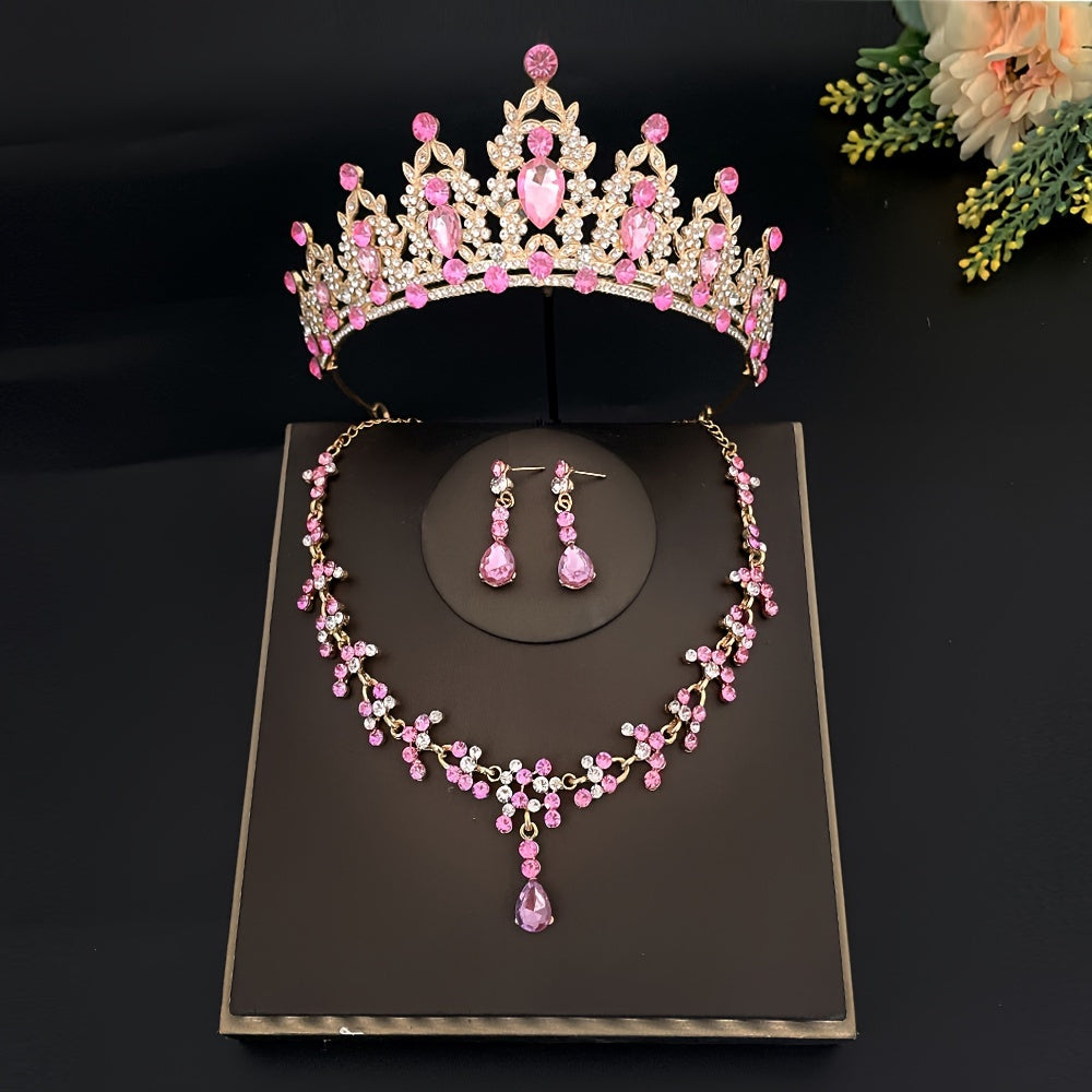 Crystal bridal tiara and crown earrings, necklace jewelry set for women and princess girls. Jeweled wedding tiara for brides, perfect for birthdays and cosplay. This set includes three pieces.