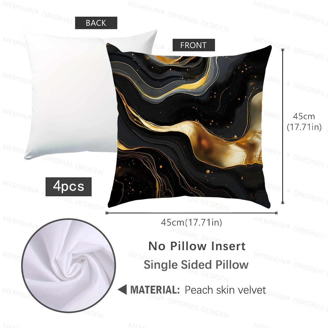 Set of 4 Black and Gold Fluid Painting Pillow Covers, Contemporary Style, 100% Polyester, Home Decoration, 17.71''x17.71''/45cm*45cm