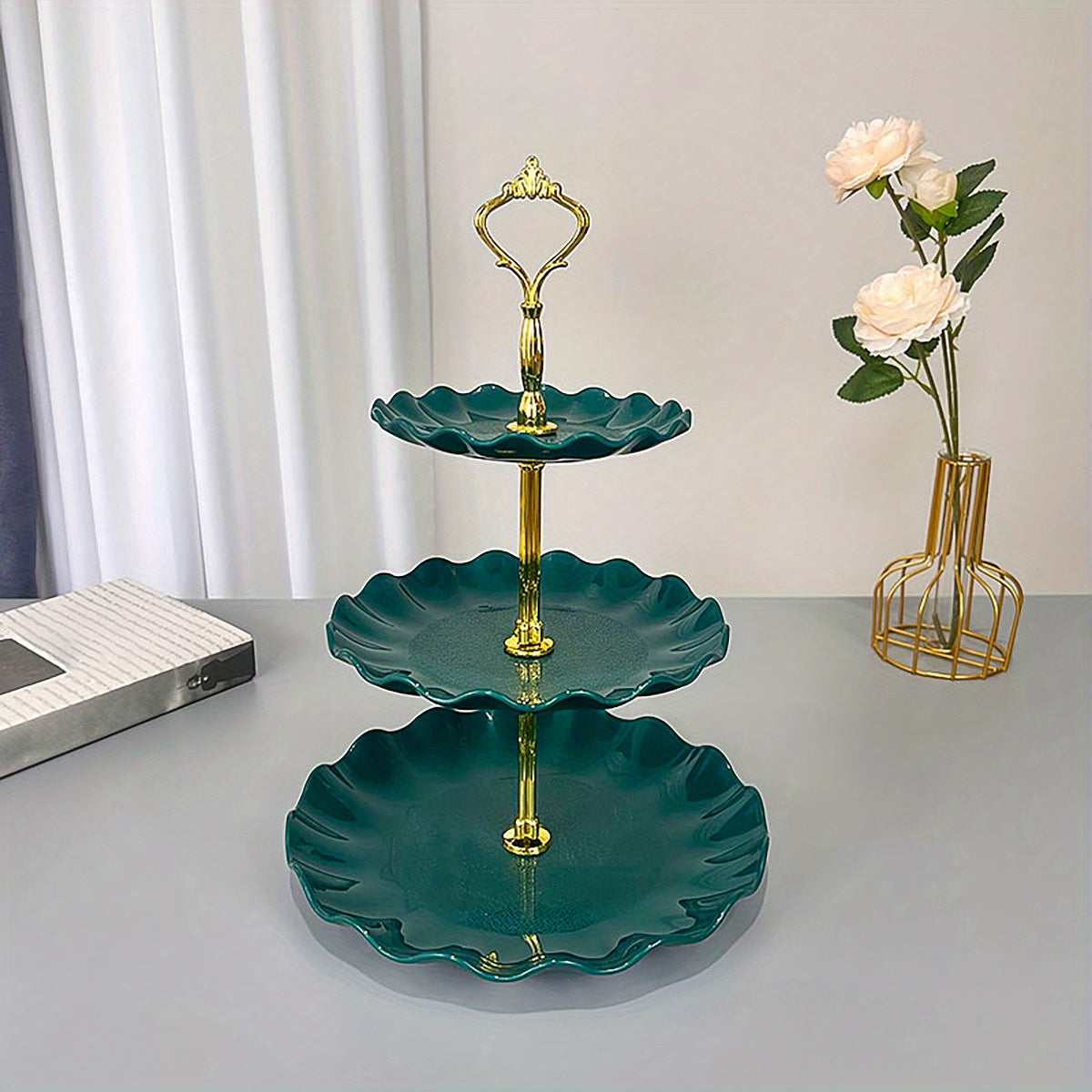 Elegant 3 tier cupcake stand with ruffled or lacy design perfect for tea parties, weddings, and more. Ideal for decorating and serving desserts at any occasion.