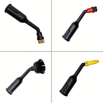 The steam cleaner accessories set includes 8 pieces specifically for Karcher SC1 SC2 SC3 SC4 SC5 models. It comes with 4 round brushes, 1 large round brush, and 3 replacement nozzles, all made of plastic. No electricity is required, making it an ideal