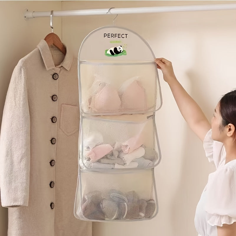 Space-saving wardrobe organizer with 3.2+ cubic feet capacity made of multi-layer mesh for socks, underwear, and more.