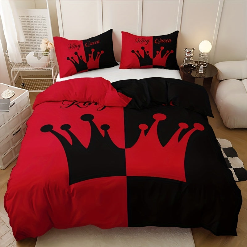 Black and red crown pattern bedding set includes 3 pieces: 1 duvet cover and 2 pillowcases. Soft and perfect for bedroom or guest room. Duvet cover set does not include core.