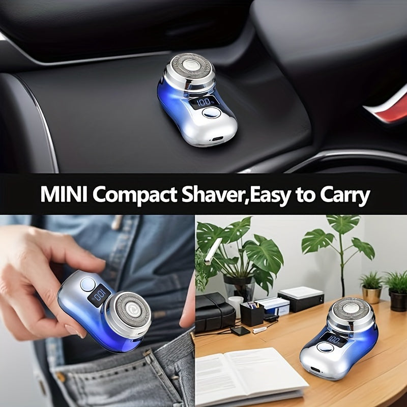 Compact and portable men's electric shaver with USB charging and digital display, perfect for business trips and as a holiday gift.