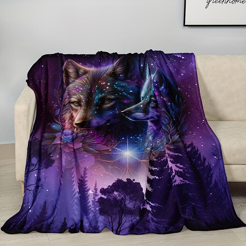 Starry Sky Wolf Print Flannel Blanket - Soft Warm Throw Blanket for Couch, Sofa, Office, Bed, Camping, and Travel - Multipurpose Gift Blanket for All Seasons - Fashionable and Cozy