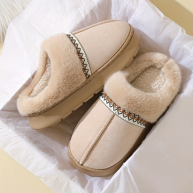 Women's cozy slippers with plush lining, non-slip EVA sole, soft fabric, casual style, hand wash only, solid color, all-season wear, no print.