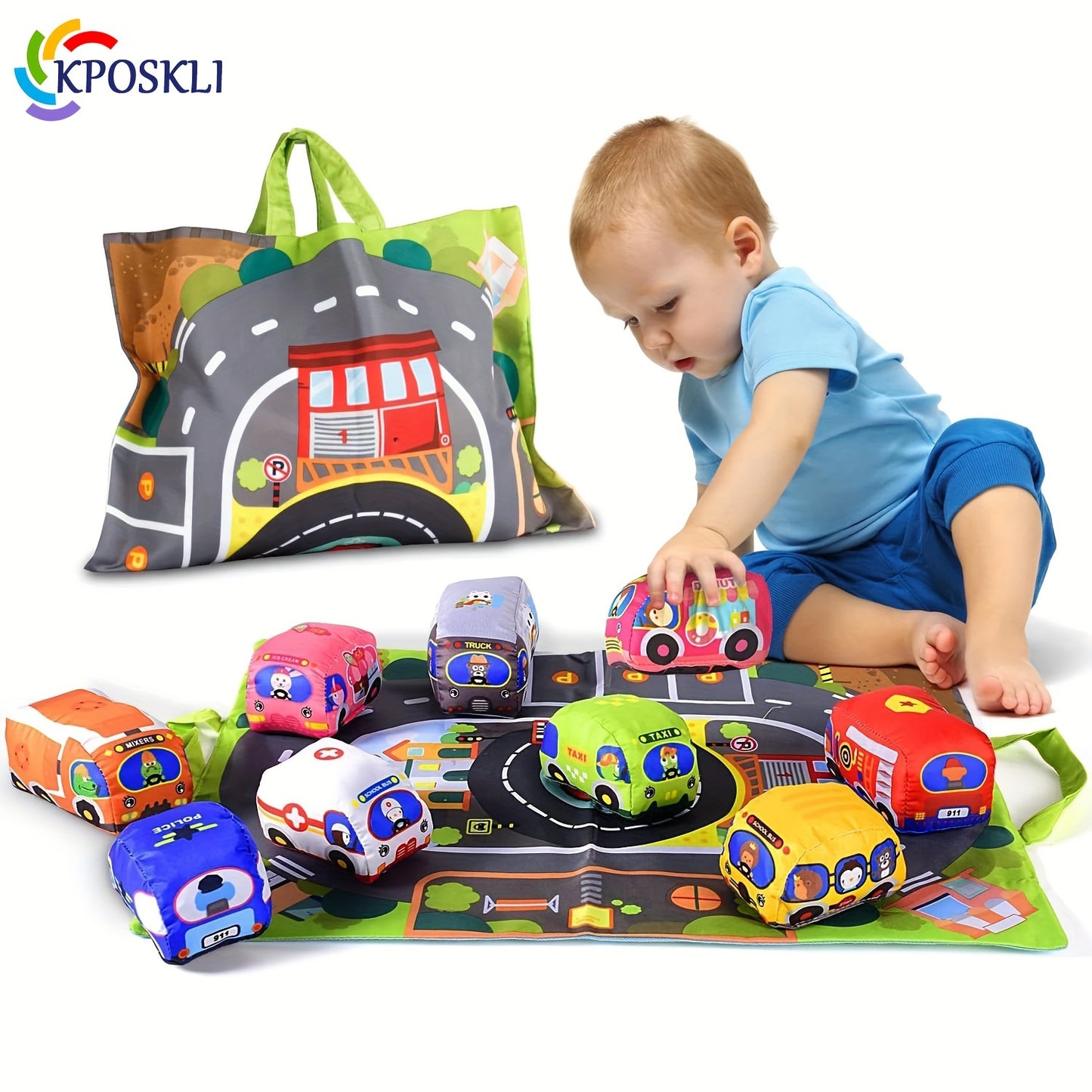 Interactive educational toy set includes push and go vehicles and animals made from polyester fabric, with play mat and carrying bag.