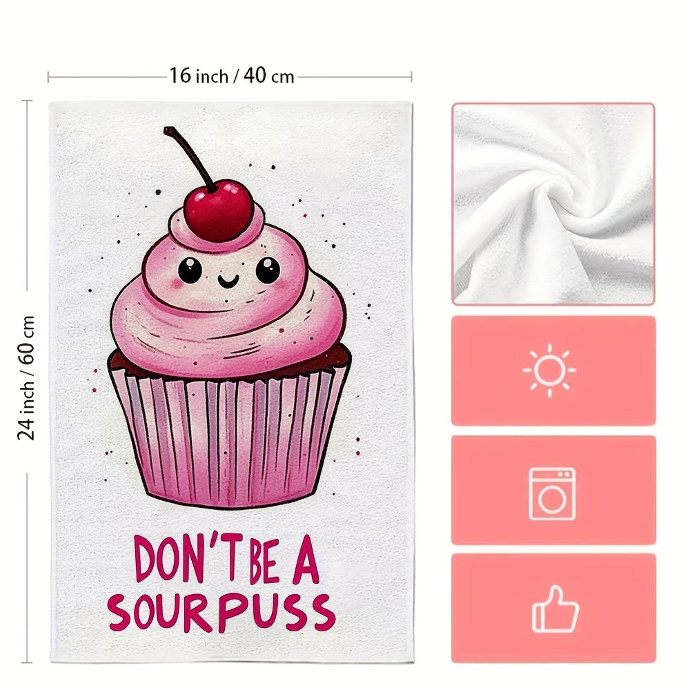 2 pieces of ultra soft kitchen towels featuring a "Don't Be A Sourpuss" cupcake design. These highly absorbent and machine washable dish hand towels have a contemporary style with pink and white stripes. Measuring 40.64x60.96 cm, they are perfect for