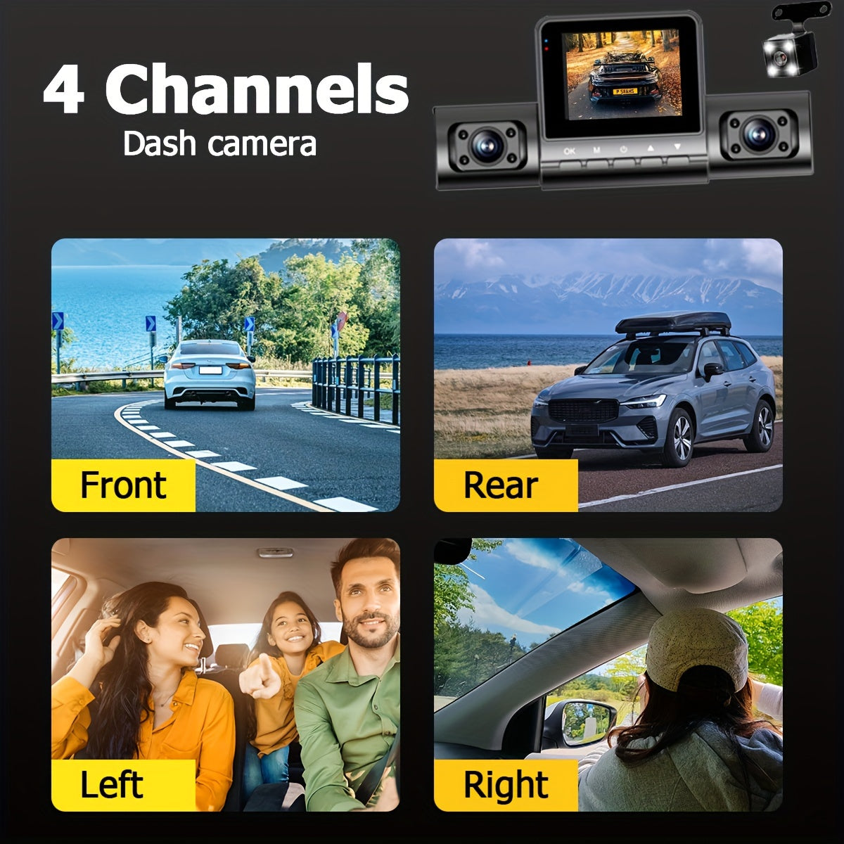 4 Channel Vehicle Camera with 1080P Car DVR Video Recorder for Driving Dash Cam. Features 1080P front and 720P left/right rear night vision, loop recording, and 24H parking monitor.