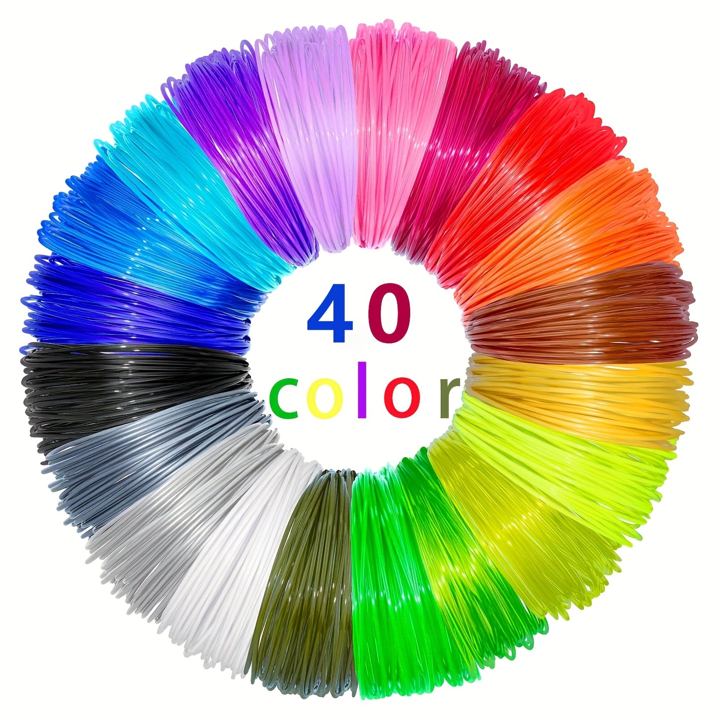 40 pack of 1.75mm diameter PLA filament for 3D pen, total length 4724.5 inches in random colors. Made of plastic, no battery needed.