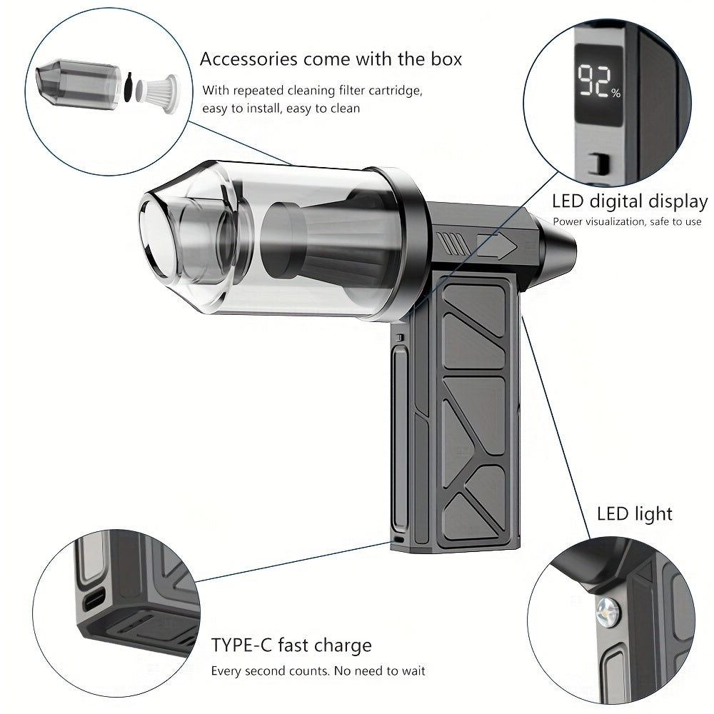 Compact handheld high-speed turbo fan with digital display, USB/battery powered, 4000mAh rechargeable battery, durable ABS body. Perfect for outdoor activities, camping. Ideal gift for men.