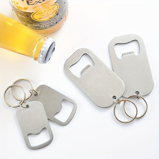 Stainless steel bottle opener available in 2 or 10 pieces, doubles as a keychain and dog tag, with hang tags and multi-functional design.