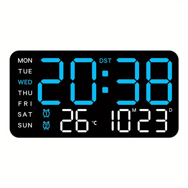 Voice controlled LED wall clock with dual alarms, USB powered, temperature display, adjustable brightness, and sleek black design for home and office.