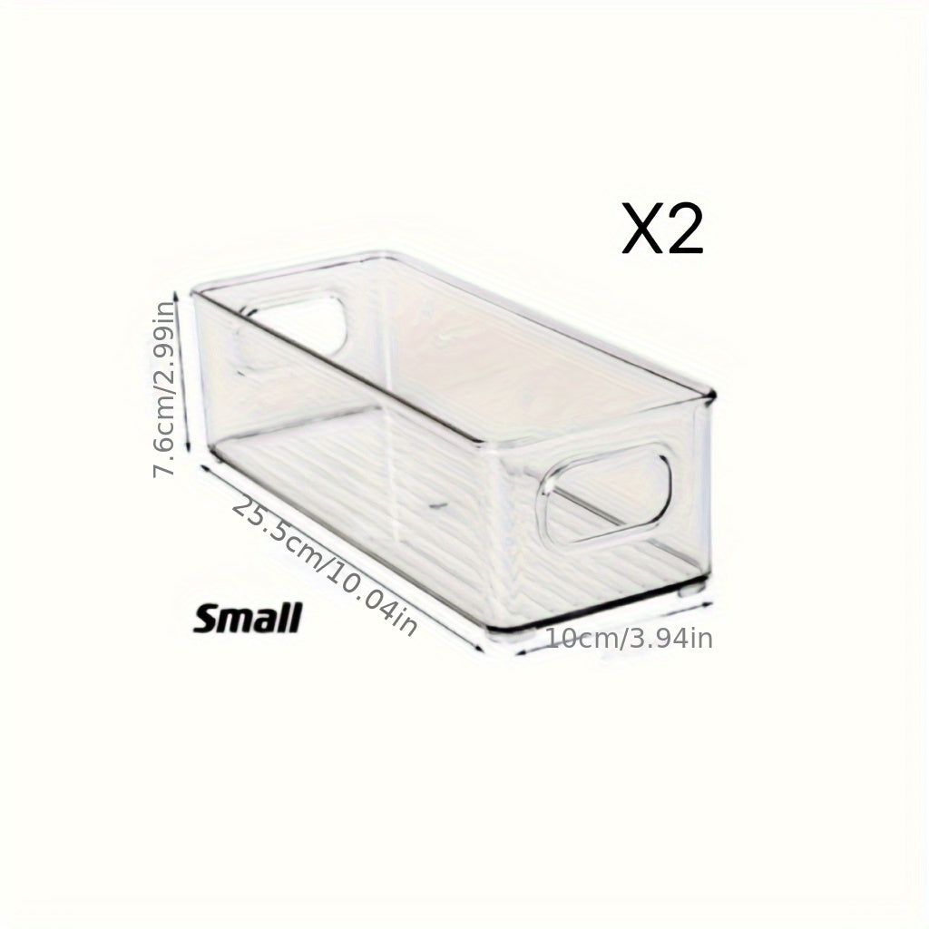 Lachesis Stackable Refrigerator Organizer Bins Set includes 2 large and 2 small bins, made of clear plastic with handles. These bins are versatile and can be used in the fridge, freezer, pantry, cabinets, drawers, or shelves for organizing fruits and