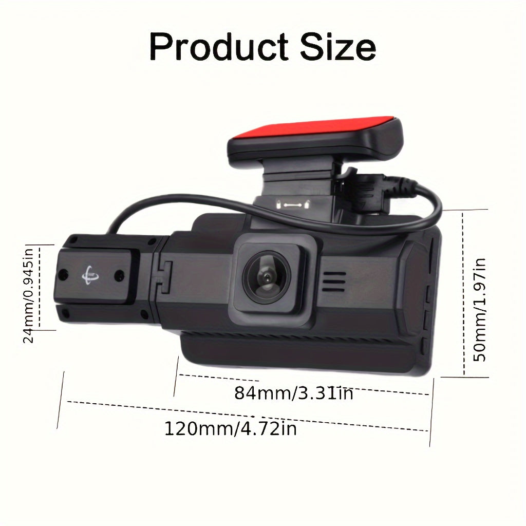 Dual lens dash cam for cars with 7.62cm screen, loop recording, night vision, and wide angle car video recorder.