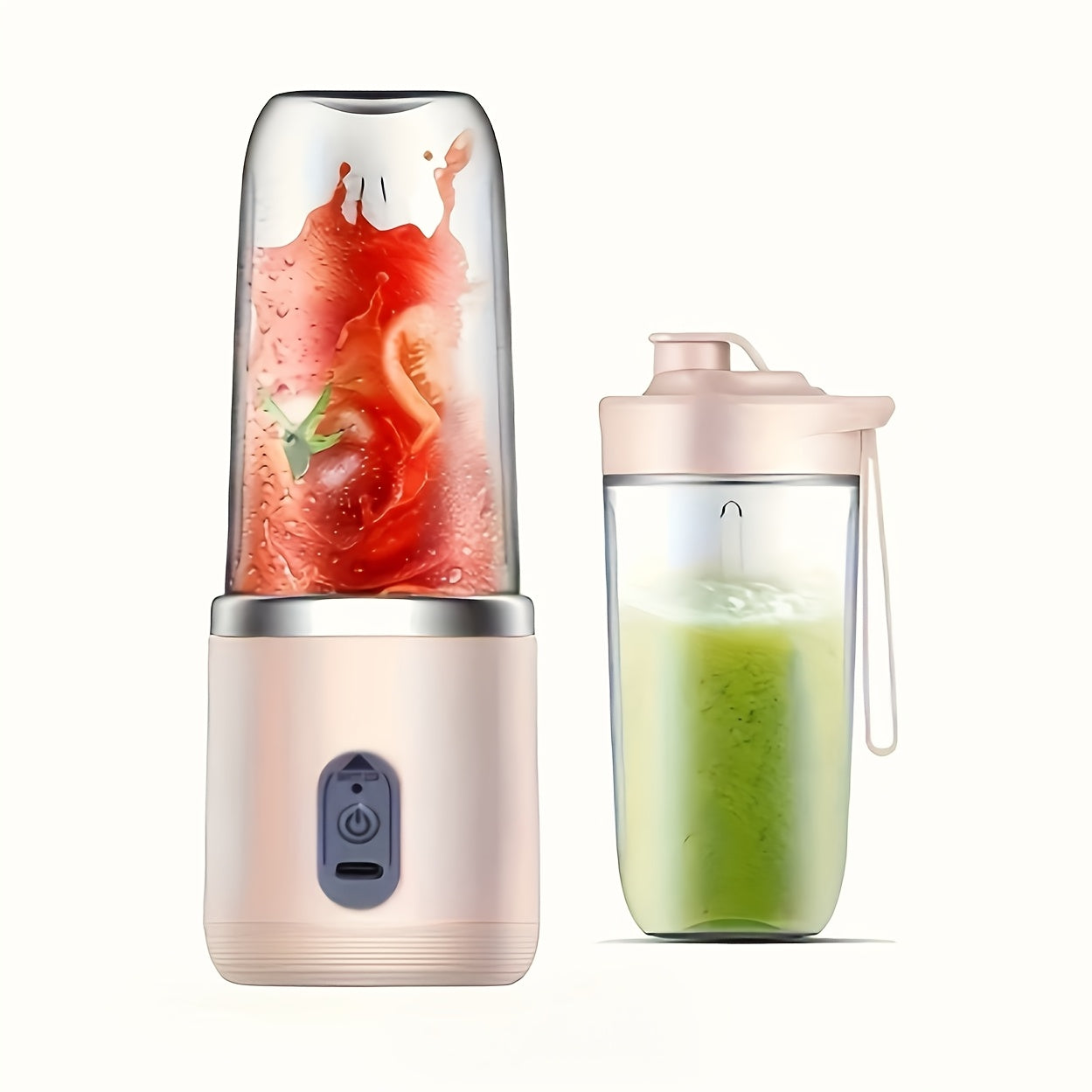 This portable blender is a personal smoothie maker with a travel lid, 2 cups each holding 13.53 ounces. It is a USB rechargeable mini fruit blender with 6 blades, making it suitable for use in the kitchen, at home, and while traveling.