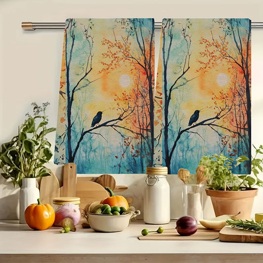 Two pieces of ultra soft kitchen towels with a "Cheerful Chirping of Crickets at Dusk" design. These towels are highly absorbent, machine washable, and feature contemporary watercolor artwork. Measuring 40.64x60.96 cm, they are ideal for holiday decor.