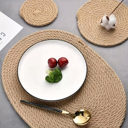 Hand-woven Japanese-style jute placemat for dining table, featuring insulation and serving as a bowl, pot holder, and cup coaster.